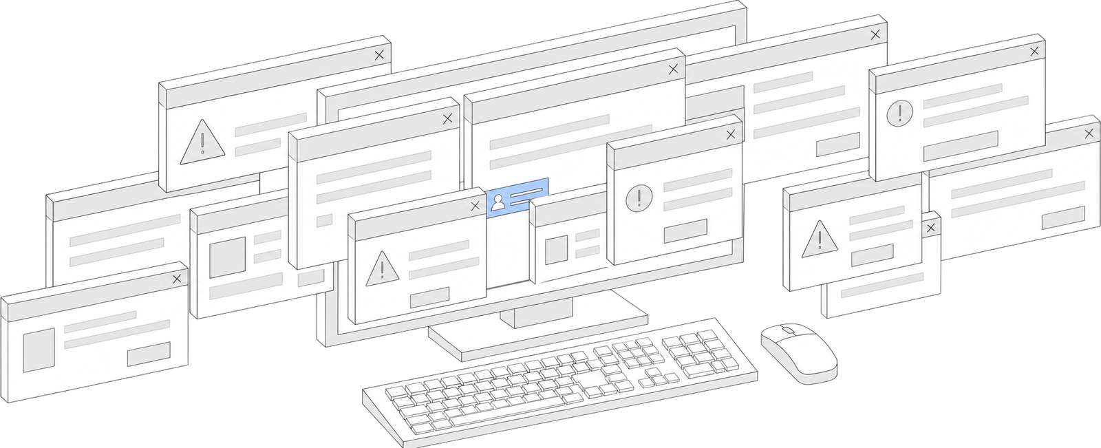 Illustration : un écran enseveli sous des fenêtres de logiciel